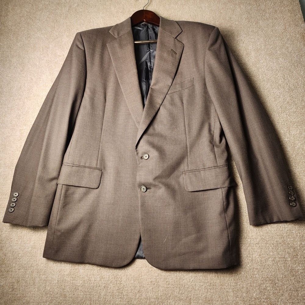 Tom James Blazer Mens 42R Brown Micro Check Robert Byrne Two Button USA Vintage